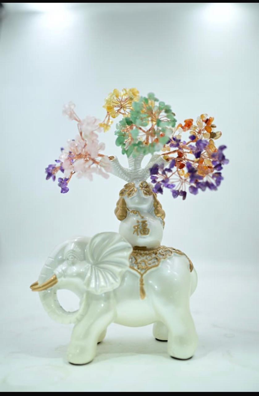 Seven Chakra Crystal Tree on Elephant Statue * Feng Shui Elephant with Crystal Money Tree * Multi-Stone Crystal Tree Elephant Showpiece * Prosperity, Luck & Wealth Decor
