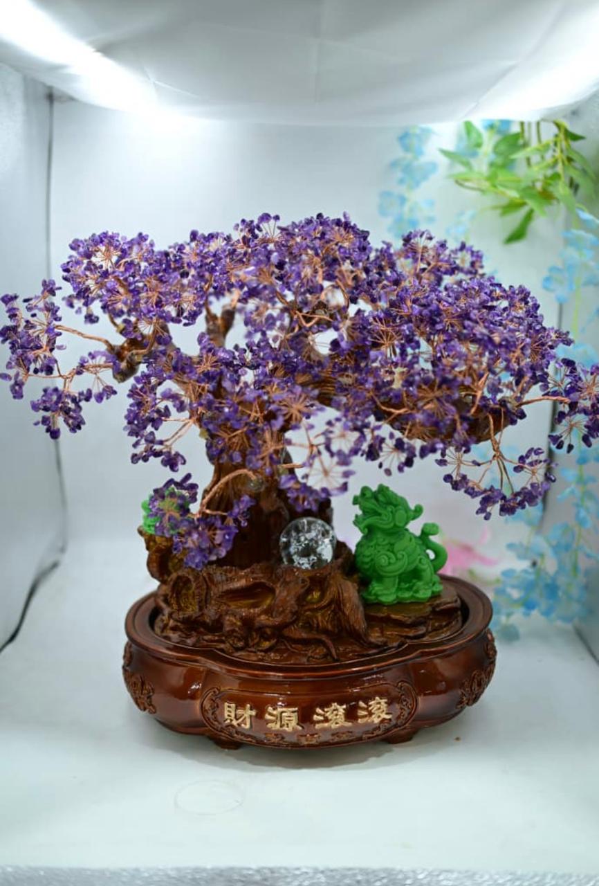 Feng Shui Crystal Fountain Tree with Pi Yao – Wealth, Money Flow & Positive Energy Decor
