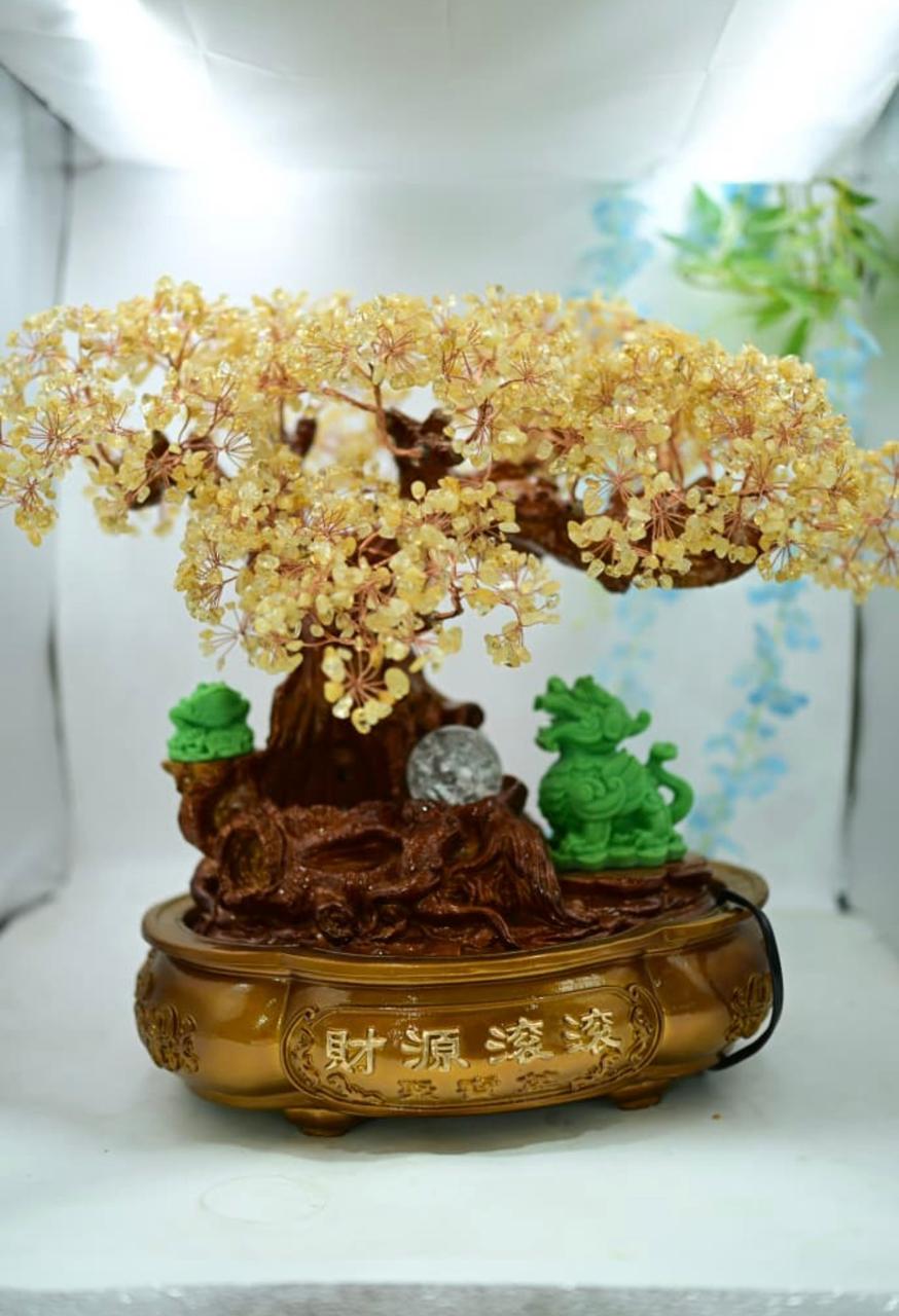 Feng Shui Crystal Fountain Tree with Pi Yao – Wealth, Money Flow & Positive Energy Decor